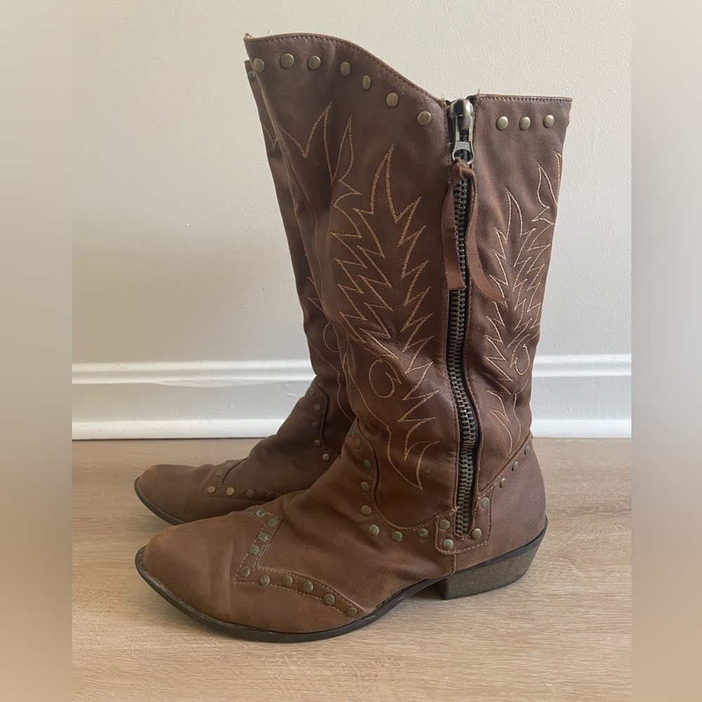 Brown Genuine Leather Embroidered Women's Cowboy Boots